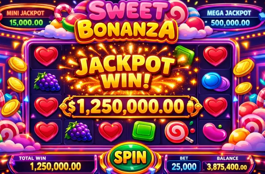 Sweet Bonanza slot game candy theme jackpot win